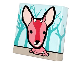 Canvas of a young fawn in the forest, acrylic painting on cotton canvas. Small square board, ideal decoration for children's room.