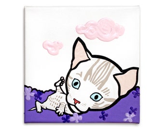 Painting on canvas Bengal Kitten, 20x20x4cm. Acrylic cat. hand painted. Snow tabby cat, purebred cat. Cute painting for child
