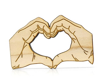 Magnet personnalisable en bois. Deux mains formant un cœur. Symbole amour et soutien. Petit cadeau amitié, couple, famille. Signe je t'aime