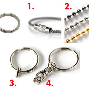 Puede incluir: Cinco tipos diferentes de llaveros, que incluyen un anillo de metal simple, un llavero de cable, una cadena de bolas, un anillo dividido y un llavero con cierre de langosta.