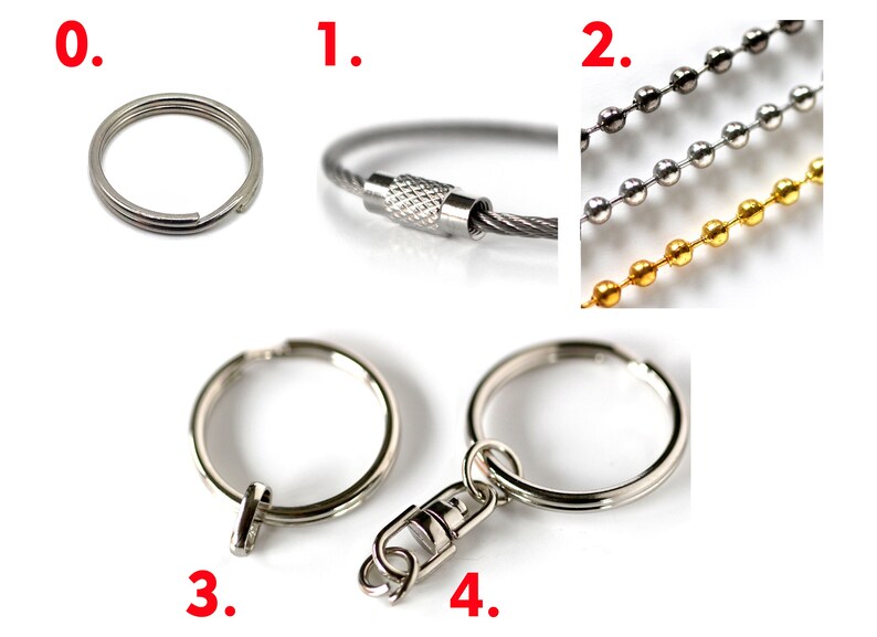 Puede incluir: Cinco tipos diferentes de llaveros, que incluyen un anillo de metal simple, un llavero de cable, una cadena de bolas, un anillo dividido y un llavero con cierre de langosta.