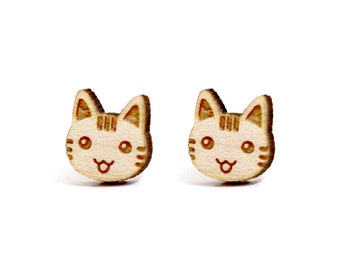 Wooden kawaii ear studs, laser cut engraving. Cute cat head jewellery, child gift. Kitty kitten pet available in 3 shades
