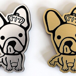 Acrylbrosche Metallimitat, französische Bulldogge graviert und lasergeschnitten - Edelstahl, Gold oder Kupfer schwarz graviert