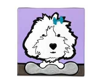 Painting on canvas Dog of Coton de Tulear breed, square format 20x20x4cm. Handmade dog portrait. Children's room painting, bichon puppy