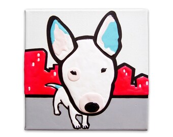 Painting on canvas Miniature Bull Terrier dog. Square table 20x20x4cm to hang or place. Handmade children's room decoration