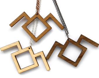 Customizable twin peaks. Minimalist pendant, geometric mountain in laser cut wood. Choice of wood color and frame