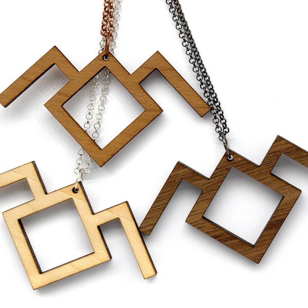 Customizable twin peaks. Minimalist pendant, geometric mountain in laser cut wood. Choice of wood color and frame