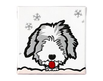 Hand painted dog, Painting on cotton canvas. Bearded Collie puppy, 20x20x4cm. Acrylic embossed paint, glitter flakes