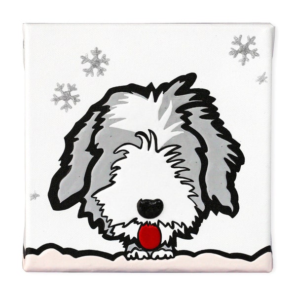 Chien peint à la main, Peinture sur toile de coton. Chiot de race Bearded Collie, 20x20x4cm. Peinture acrylique en relief, flocons pailletés