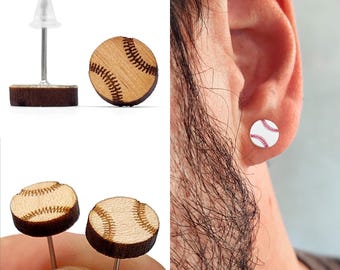 Orecchino a bottone personalizzabile con logo da baseball. Orecchino in legno e acrilico, tagliato al laser. Gioielli per giocatori di baseball. Club sportivo.