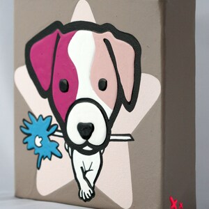 Jack Russell dog painted on cotton canvas, square format 20x20x4cm. Thick acrylic paint, relief effect. Children's room decoration image 4