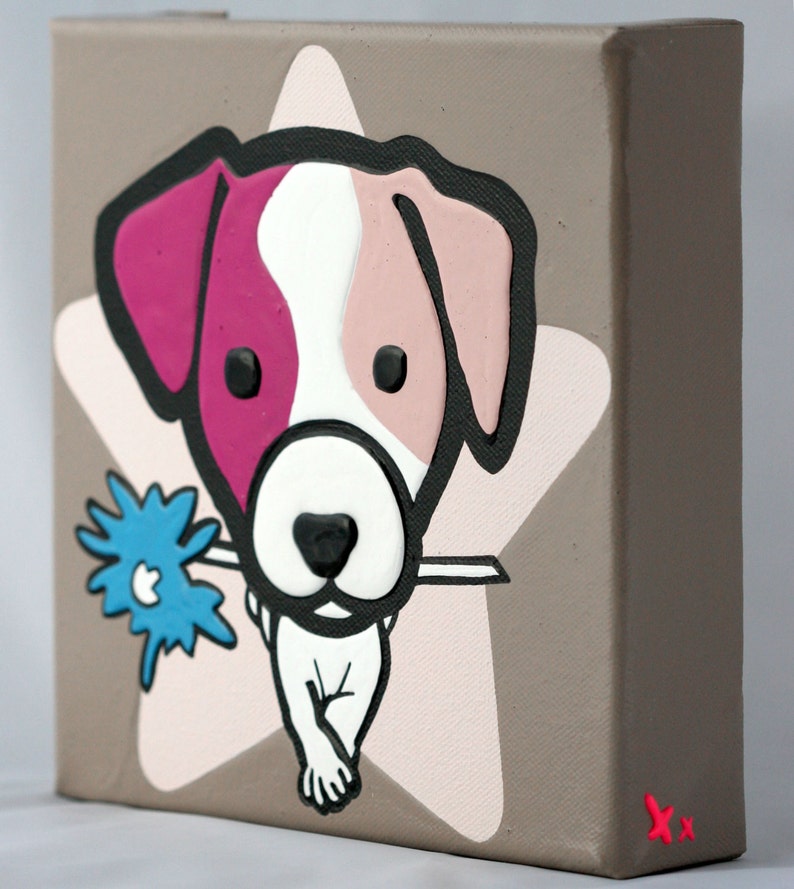 Jack Russell dog painted on cotton canvas, square format 20x20x4cm. Thick acrylic paint, relief effect. Children's room decoration image 4