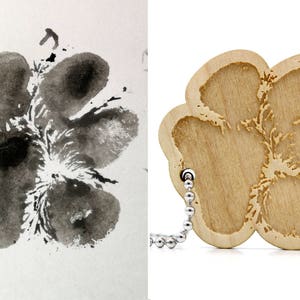 Customizable wooden keychain created from your pet's paw print. Engraved cat dog paw. Unique gift