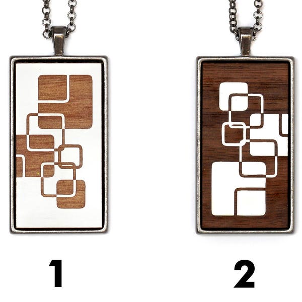 Collier contemporain cubisme en bois et métal. Tout est personnalisable. Bijou cabochon moderne et graphique.  Graphisme cubique.