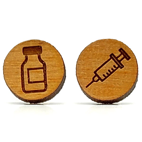 Vaccine earrings in engraved wood. Doctor, nurse school diploma gift. Jewel prick syringe. Choice of wood color