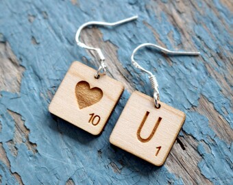 Wooden scrabble piece earrings - Scrabble message LOVE YOU or two other letters or two symbols of your choice. Unique Customizable jewel