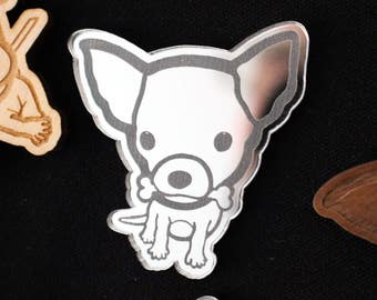 Magnet Chihuahua in acrylic mirror, realization in engraving and laser cutting - Small dog bling bling magnetic - Decorative magnet