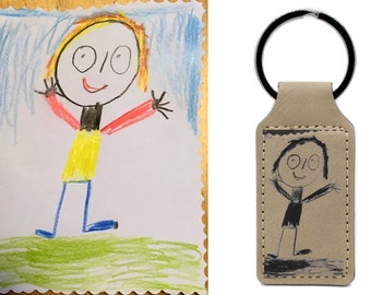 Child's drawing, coloring, imprint, engraved on a leather key ring, 5 colors to choose from. Engraving one or two sides. Father's Day gift.