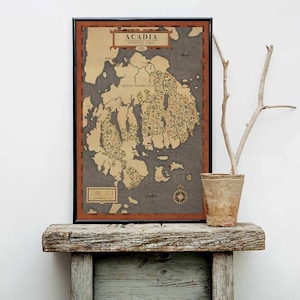 Mapa do Parque Nacional de Acadia, mapa do parque nacional de Maine, mapa da costa de Maine, impressão de mapa vintage de Acadia