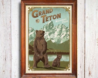 Grand Teton Poster, Grand Teton National Park print, Wyoming Poster, Grizzly Poster, national park quest poster, Grizzly cub poster