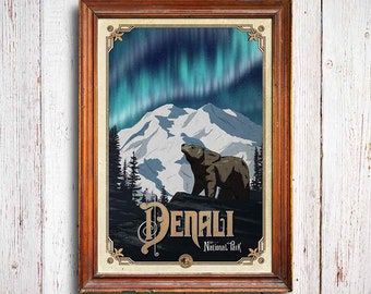 Denali Nationalpark Poster, Alaska Bär Druck, Aurora Borealis Kunst