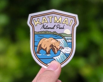 Katmai National Park - Waterproof Vinyl Sticker, UV resistant decal. Waterbottle, Laptop, Car window sticker