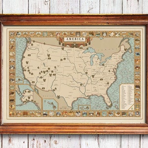 Mapa de parques nacionales, mapa de Estados Unidos en estilo vintage, arte de senderismo, impresión de mapas Explorer, parque nacional vintage, regalo Explorer, mapa de 63 parques nacionales