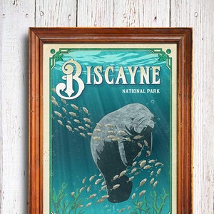 Affiche biscayne, imprimé parc national de Biscayne, affiche de lamantin, affiche cadeau biscayne, affiche de récif corallien, affiche en Floride, lamantin biscayne