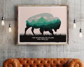 Buffalo poster, Buffalo print, Buffalo art, Yellowstone Buffalo, american bison poster, american wild life art, National parks bison