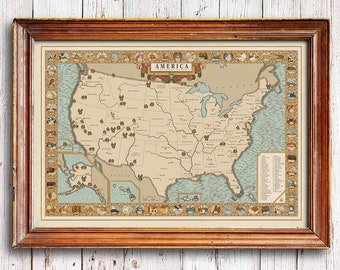 National Parks Map, Vintage style America Map, hiking art, Explorer map print, vintage national park, Explorer gift, 63 national parks map