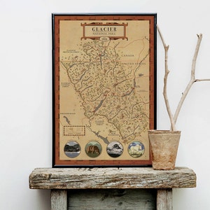 Glacier National Park, Glacier National Park-kaart, gletsjerkaart, Montana National Park-kaart, Two Medicine-kaart, vintage gletsjerkaart afdrukken