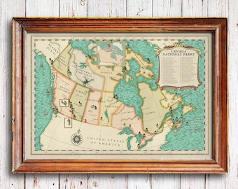Vintage Canada National Parks Map Print, Explorer Wall Art