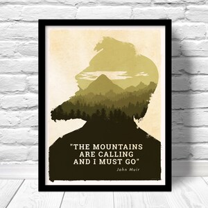 Die Berge nennen Poster, Nationalpark Kunst, John Muir Zitat Druck, Mammutbäume, spirituelle Wanderung