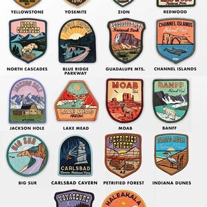 May include: A collection of embroidered patches featuring national park designs. Each patch showcases a unique landscape or animal, with names like Yellowstone, Yosemite, and Zion. The patches are in various colors and shapes.
