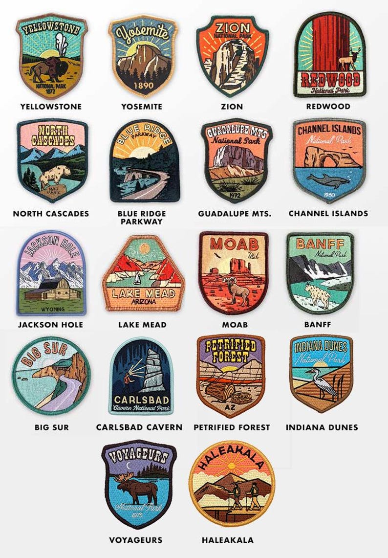 May include: A collection of embroidered patches featuring national park designs. Each patch showcases a unique landscape or animal, with names like Yellowstone, Yosemite, and Zion. The patches are in various colors and shapes.