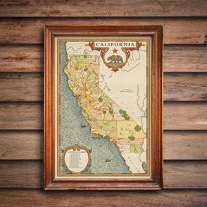 カリフォルニア国立公園地図、カリフォルニアのビンテージ地図、カリフォルニアの壁画、カリフォルニアのギフト地図、カリフォルニアの郡の地図、ゴールデンステートの地図