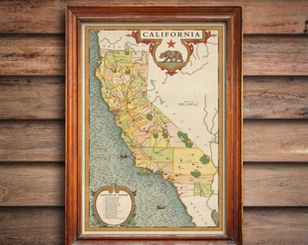 California National Parks Map, Vintage California Map, california wall art, California gift map, california counties map, golden state map