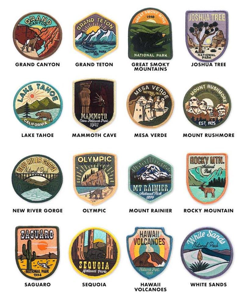 May include: A collection of embroidered patches featuring various U.S. National Parks. Each patch showcases a unique design with park names like Grand Canyon, Joshua Tree, and Rocky Mountain. The patches are circular or shield-shaped, with vibrant colors and detailed illustrations.