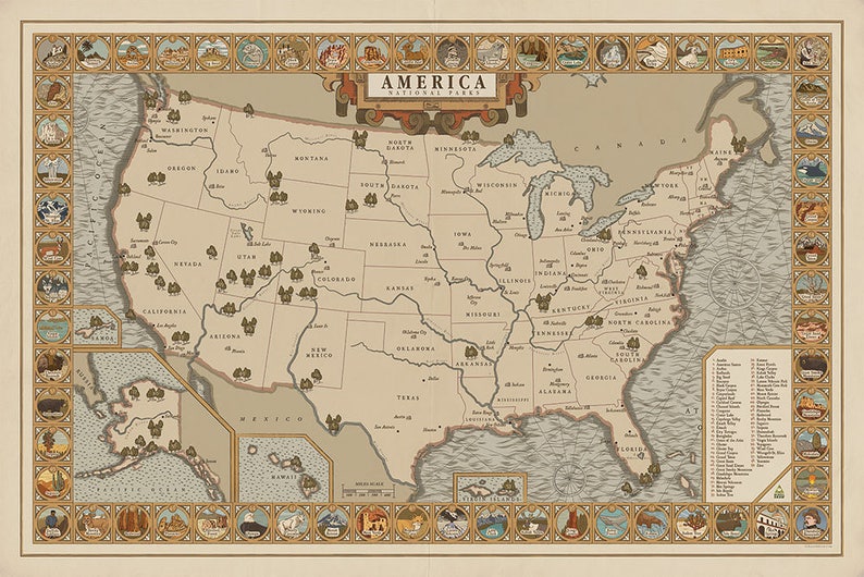 national parks map vintage style america map hiking art etsy