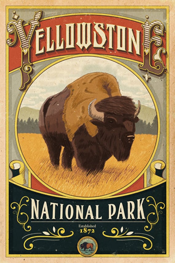 Buffalo PrintNational Park Bison Wall Art Yellowstone Home Decor Giclee Watercolor Yellowstone National Park PrintVacation Memories