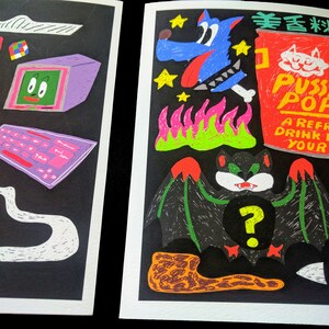 May include: A black and white illustration of a bat with a question mark on its chest. The bat is flying over a red, green, and yellow flame. There is a blue wolf with a red tongue and a red can with the text "Pussy Pop" and "A refreshin drink for your cat" on it.