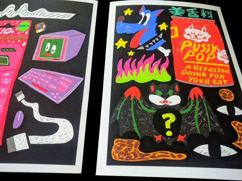 May include: A black and white illustration of a bat with a question mark on its chest. The bat is flying over a red, green, and yellow flame. There is a blue wolf with a red tongue and a red can with the text "Pussy Pop" and "A refreshin drink for your cat" on it.