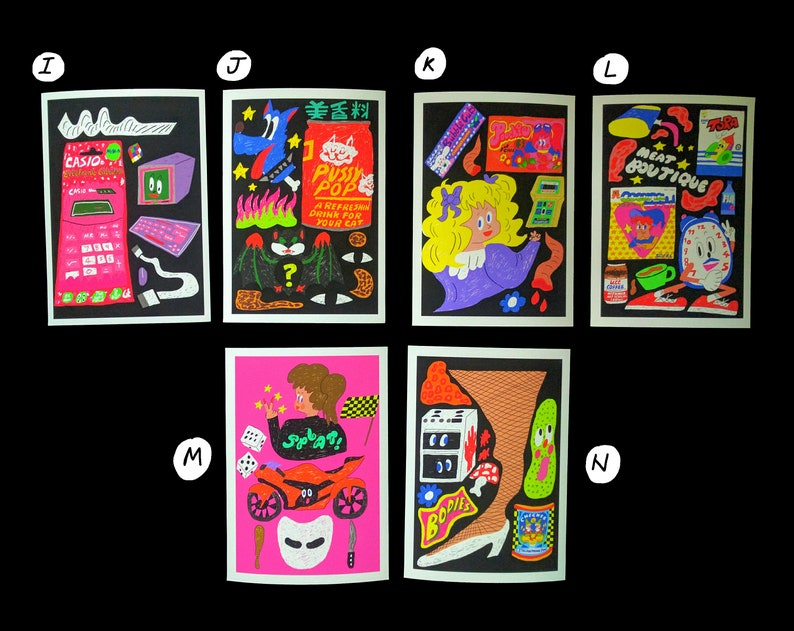 May include: A set of 10 colorful illustrations featuring various objects and characters. The illustrations are printed on white paper and framed with a black border. The illustrations include a calculator, a cat, a girl, a clock, a motorcycle, a leg, and other objects.
