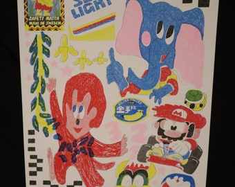 May include: A colorful illustration featuring a red monkey, a blue elephant, a green turtle, a yellow banana, a red and blue Mario character, a green and yellow Bowser character, and a blue and red Doraemon character. The illustration also includes a checkered pattern, a safety match box, and a Sun Light lemon juice box.