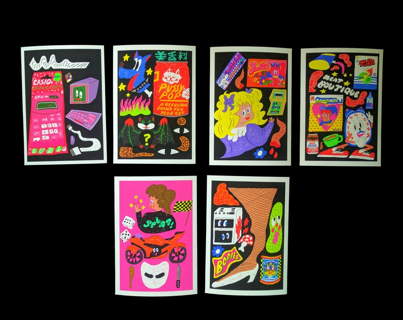 May include: Six colorful illustrated cards with black borders. Each card features a different design with a variety of objects and characters. The designs include a calculator, a cat drink, a girl with blonde hair, a clock, a motorcycle, and a leg with a shoe.