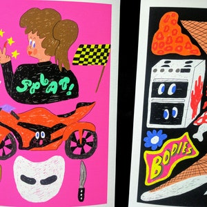 May include: Two illustrations on pink and black backgrounds. The pink illustration features a cartoon person wearing a black shirt with the word "splat!" on it, riding a red motorcycle with dice and a checkered flag. The black illustration features a leg wearing fishnet stockings and a high heel, with a stove, mushrooms, and the word "bodies" in a speech bubble.