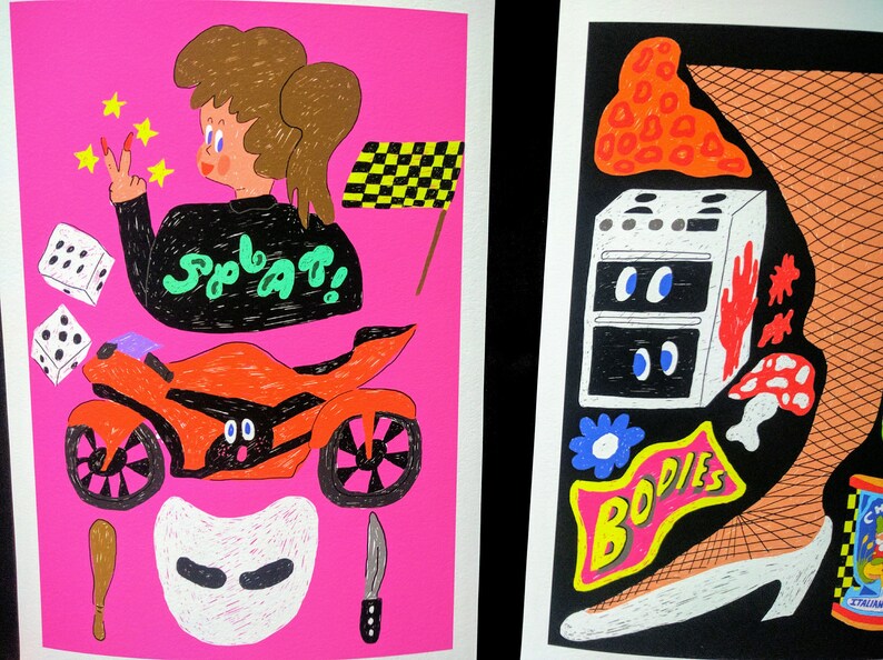May include: Two illustrations on pink and black backgrounds. The pink illustration features a cartoon person wearing a black shirt with the word "splat!" on it, riding a red motorcycle with dice and a checkered flag. The black illustration features a leg wearing fishnet stockings and a high heel, with a stove, mushrooms, and the word "bodies" in a speech bubble.