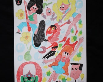 May include: Colorful illustration featuring cartoon characters in various poses. The artwork includes figures with black hair, blonde hair, and red hair, along with a red devil-like character. The background has yellow flowers, bubbles, and star-shaped elements.