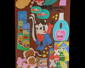 May include: A colorful collage on a brown background featuring cartoon illustrations of a skunk, a mosquito, and various cleaning products. The image includes text such as "Mission", "Mr. Muscle", and "Classic Xtra".