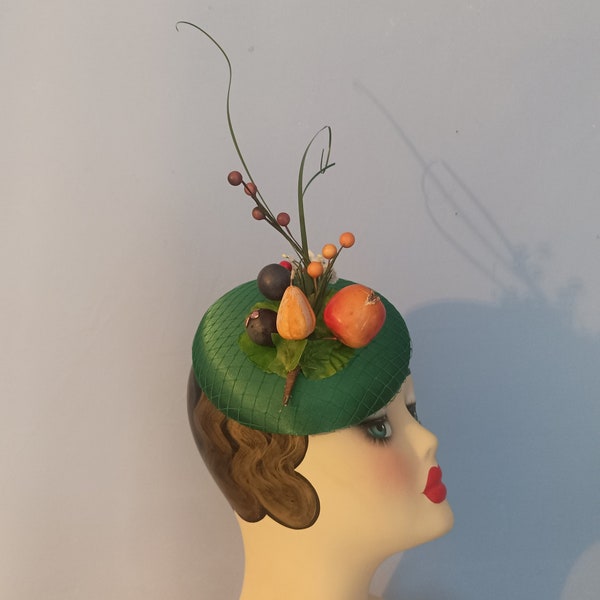 Green hat with fruit on vintage silky percher hat quirky ascot fascinator vintage style ascot mother of the bride wedding cocktail hat
